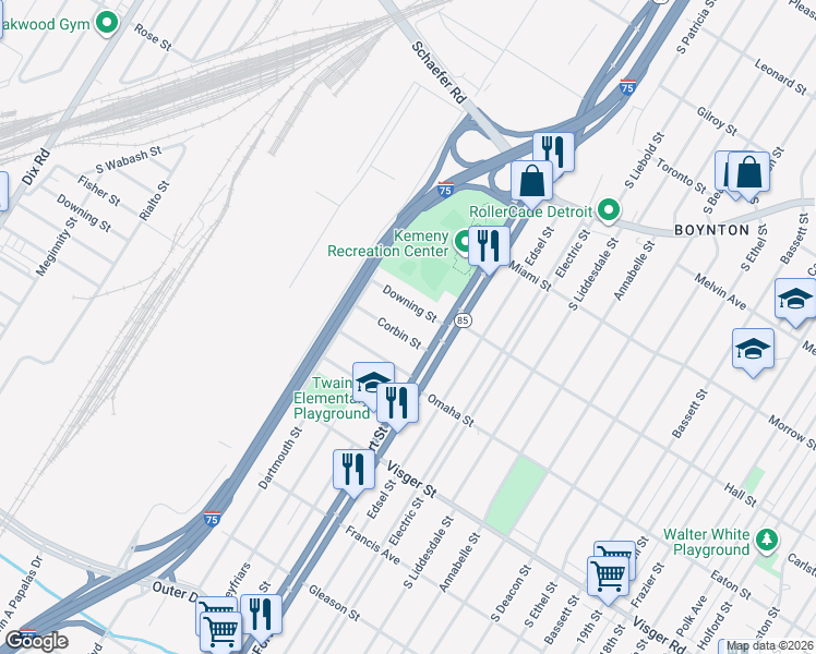map of restaurants, bars, coffee shops, grocery stores, and more near 12747 Corbin Street in Detroit