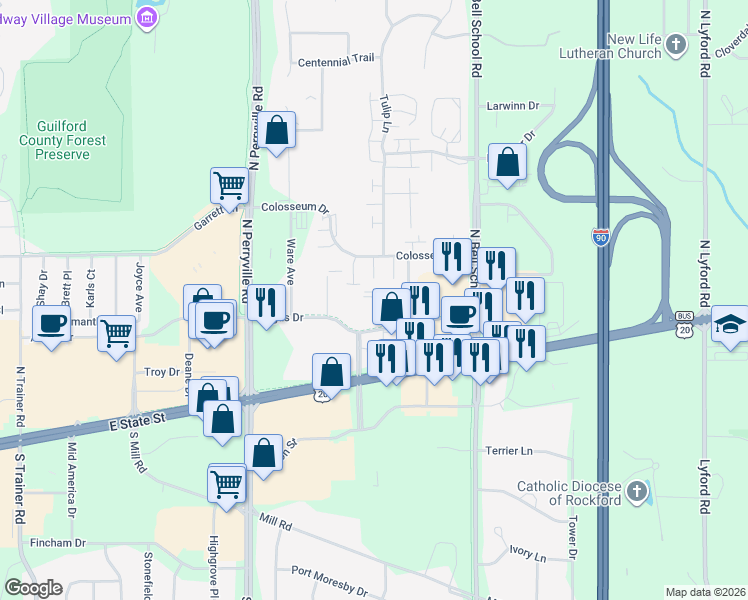 map of restaurants, bars, coffee shops, grocery stores, and more near 7290 Argus Drive in Rockford
