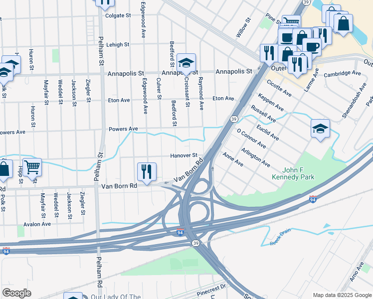 map of restaurants, bars, coffee shops, grocery stores, and more near 5402 Croissant Street in Dearborn Heights