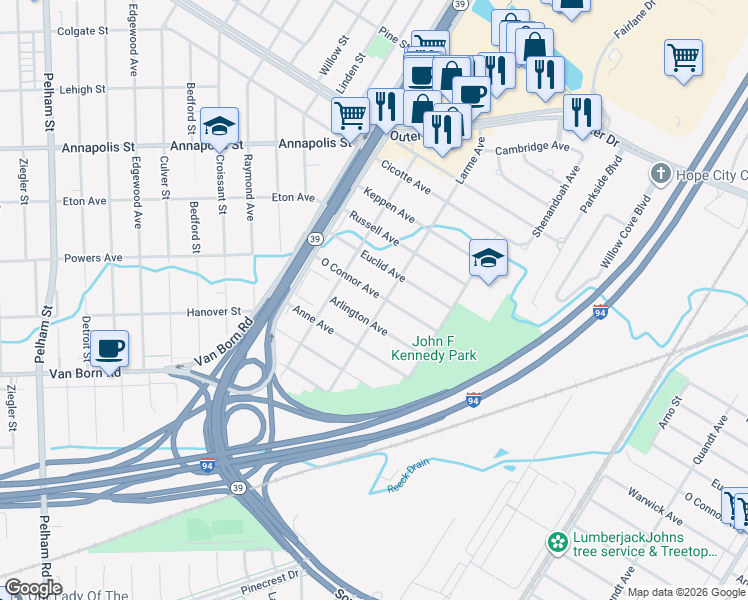 map of restaurants, bars, coffee shops, grocery stores, and more near 17108 Arlington Avenue in Allen Park