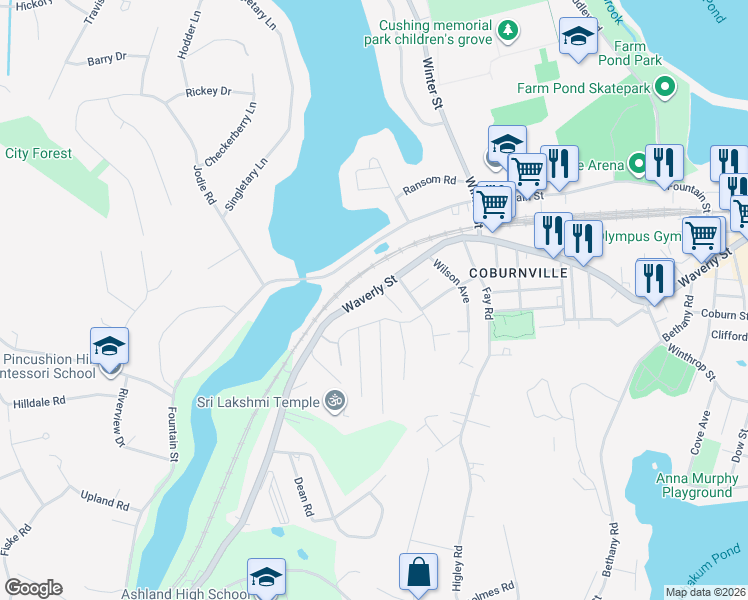 map of restaurants, bars, coffee shops, grocery stores, and more near 38 Vose Street in Framingham