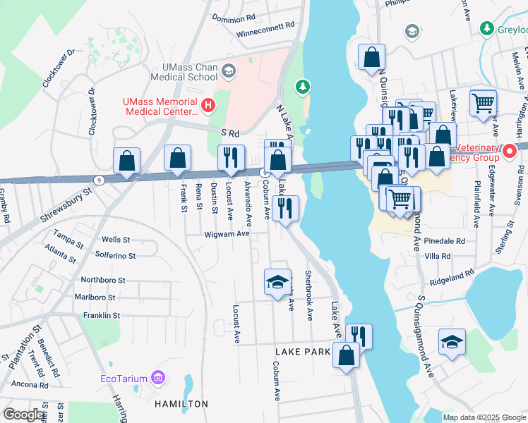 map of restaurants, bars, coffee shops, grocery stores, and more near 38 Coburn Avenue in Worcester