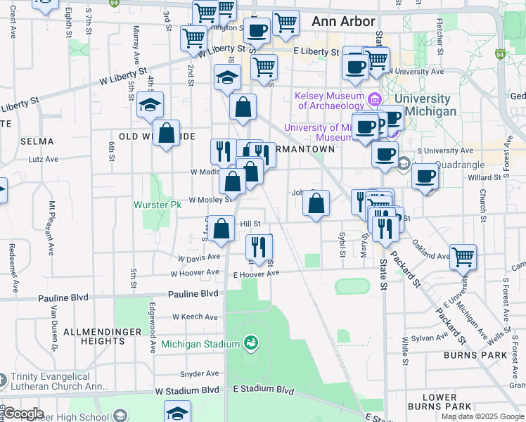 map of restaurants, bars, coffee shops, grocery stores, and more near 140 Hill Street in Ann Arbor