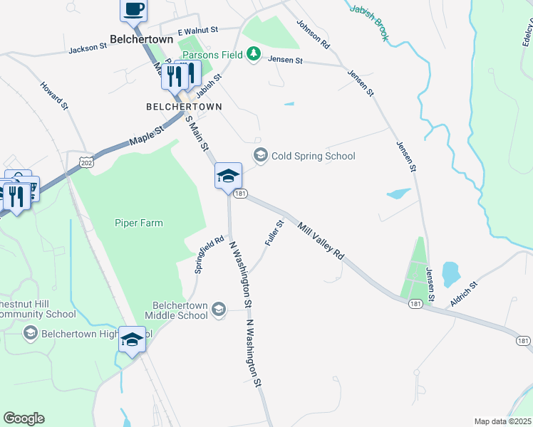 map of restaurants, bars, coffee shops, grocery stores, and more near 24 Fuller Street in Belchertown