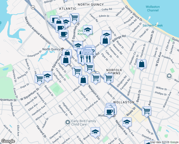 map of restaurants, bars, coffee shops, grocery stores, and more near 421A Hancock Street in Quincy