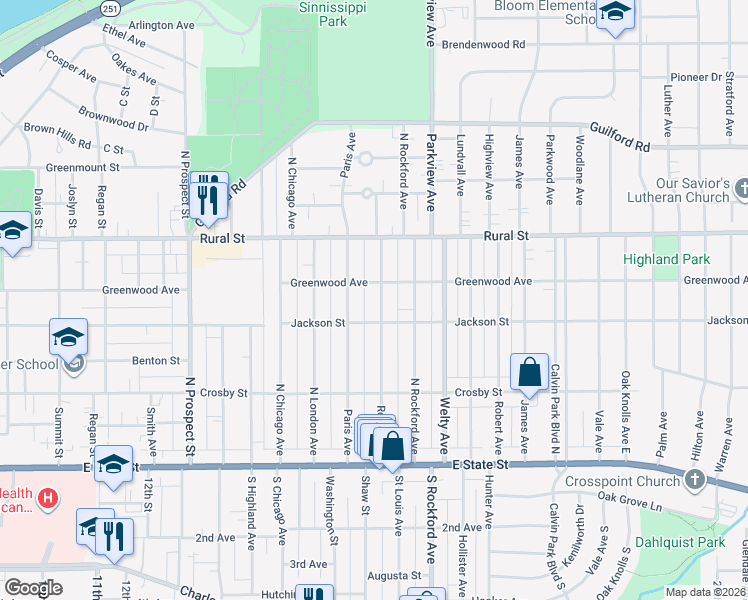 map of restaurants, bars, coffee shops, grocery stores, and more near 601 Rome Avenue in Rockford