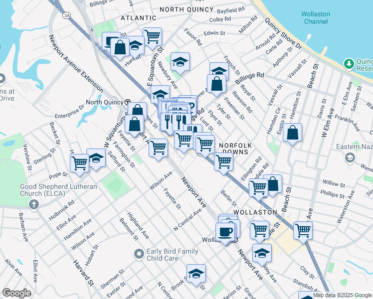 map of restaurants, bars, coffee shops, grocery stores, and more near 435 Hancock Street in Quincy