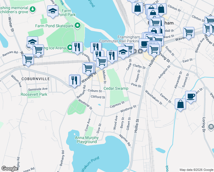 map of restaurants, bars, coffee shops, grocery stores, and more near 40 Mellen Street in Framingham