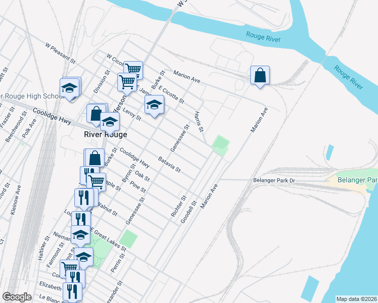 map of restaurants, bars, coffee shops, grocery stores, and more near 118 East Pleasant Street in River Rouge
