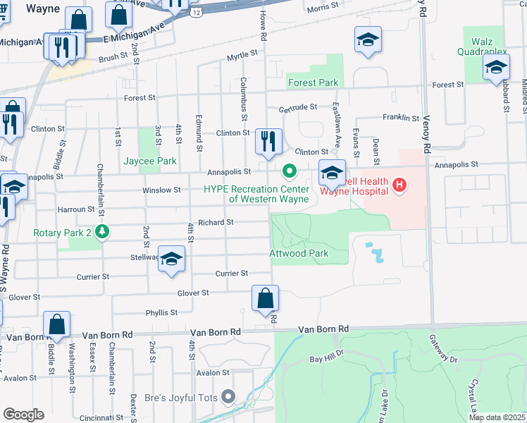 map of restaurants, bars, coffee shops, grocery stores, and more near 4924 Howe Road in Wayne