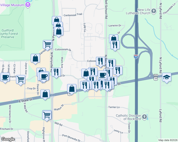 map of restaurants, bars, coffee shops, grocery stores, and more near 7309 Colosseum Drive in Rockford