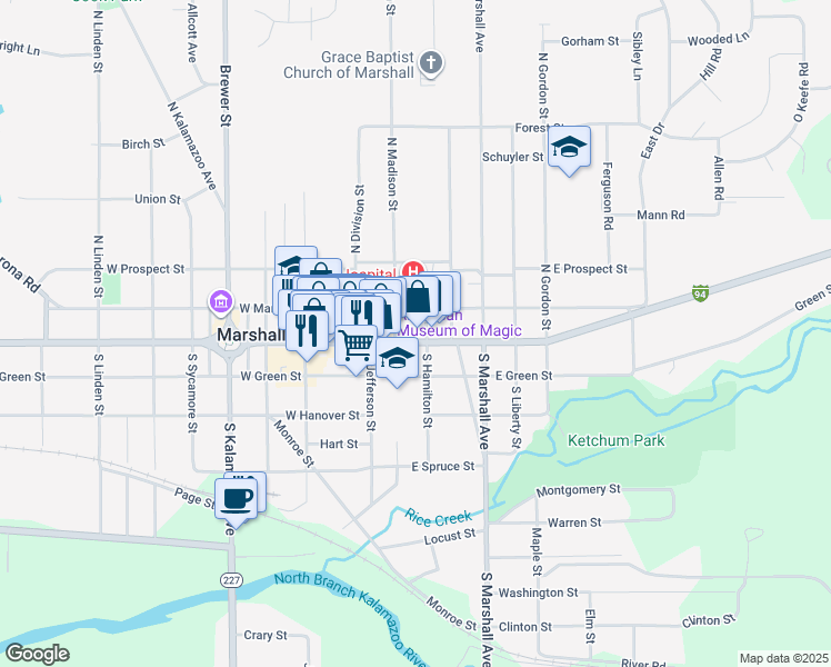 map of restaurants, bars, coffee shops, grocery stores, and more near 215 East Mansion Street in Marshall
