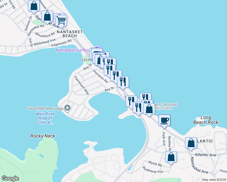 map of restaurants, bars, coffee shops, grocery stores, and more near 261 Nantasket Avenue in Hull