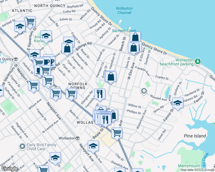 map of restaurants, bars, coffee shops, grocery stores, and more near 8 Hamilton Street in Quincy
