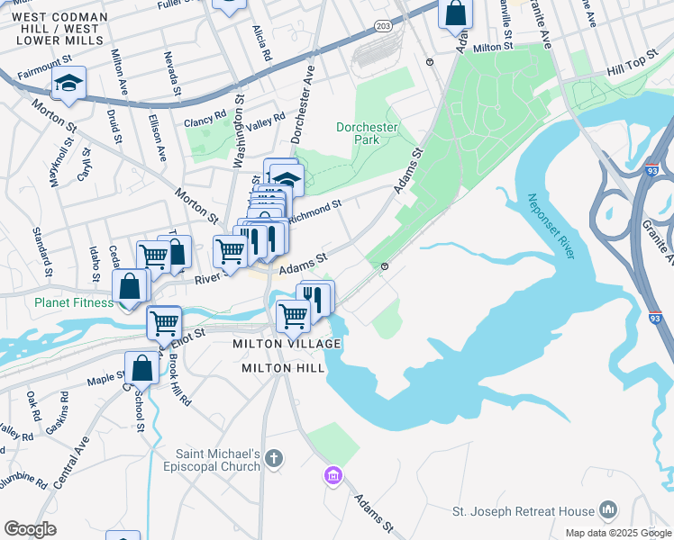 map of restaurants, bars, coffee shops, grocery stores, and more near 1157R Adams Street in Boston
