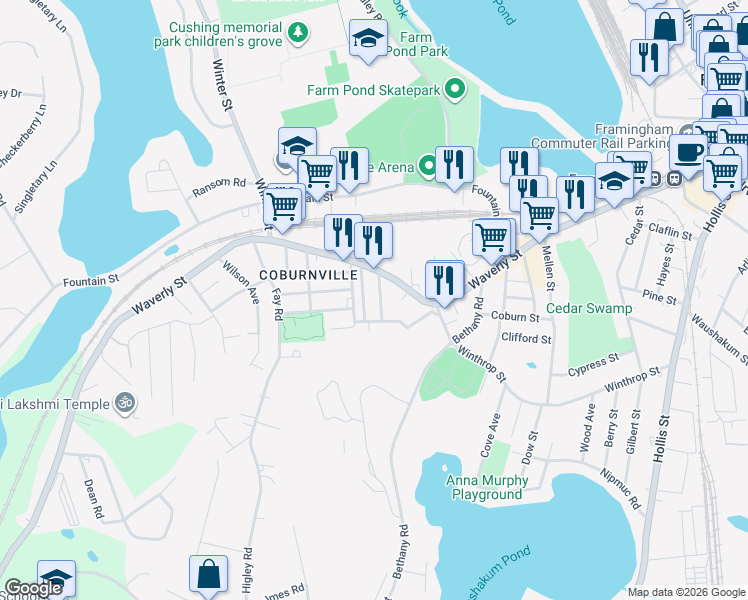 map of restaurants, bars, coffee shops, grocery stores, and more near 818 Waverly Street in Framingham
