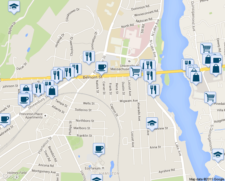 map of restaurants, bars, coffee shops, grocery stores, and more near 8 Rena Street in Worcester