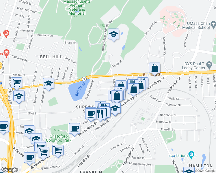 map of restaurants, bars, coffee shops, grocery stores, and more near 14 Johnson Street in Worcester