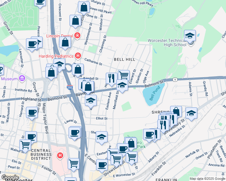 map of restaurants, bars, coffee shops, grocery stores, and more near 137A Eastern Avenue in Worcester