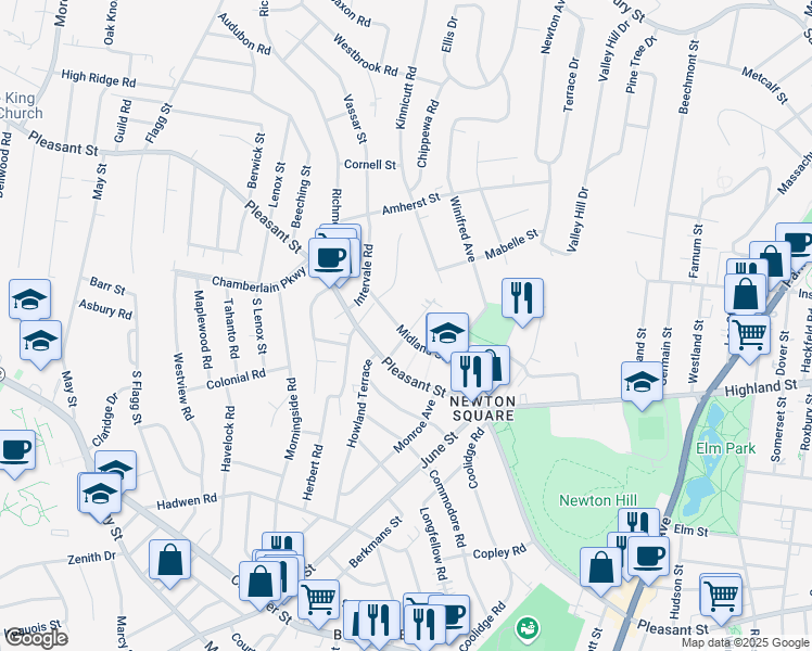 map of restaurants, bars, coffee shops, grocery stores, and more near 55 Midland Street in Worcester