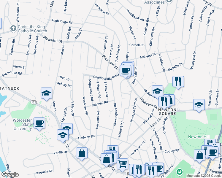 map of restaurants, bars, coffee shops, grocery stores, and more near 8 Morningside Road in Worcester