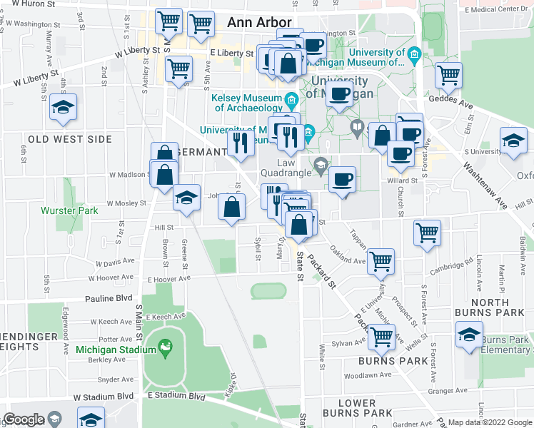 map of restaurants, bars, coffee shops, grocery stores, and more near 522 Monroe Street in Ann Arbor