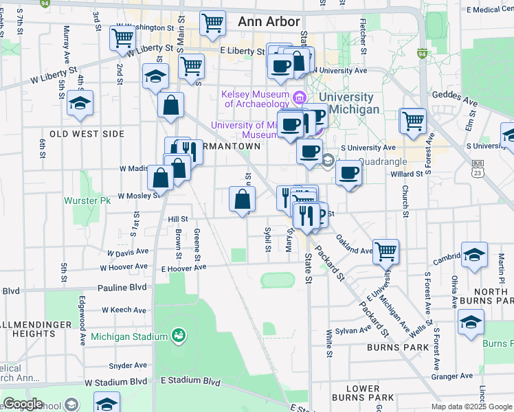 map of restaurants, bars, coffee shops, grocery stores, and more near 431 Cross Street in Ann Arbor