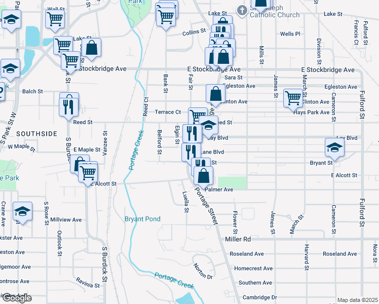 map of restaurants, bars, coffee shops, grocery stores, and more near 1916 Portage Street in Kalamazoo