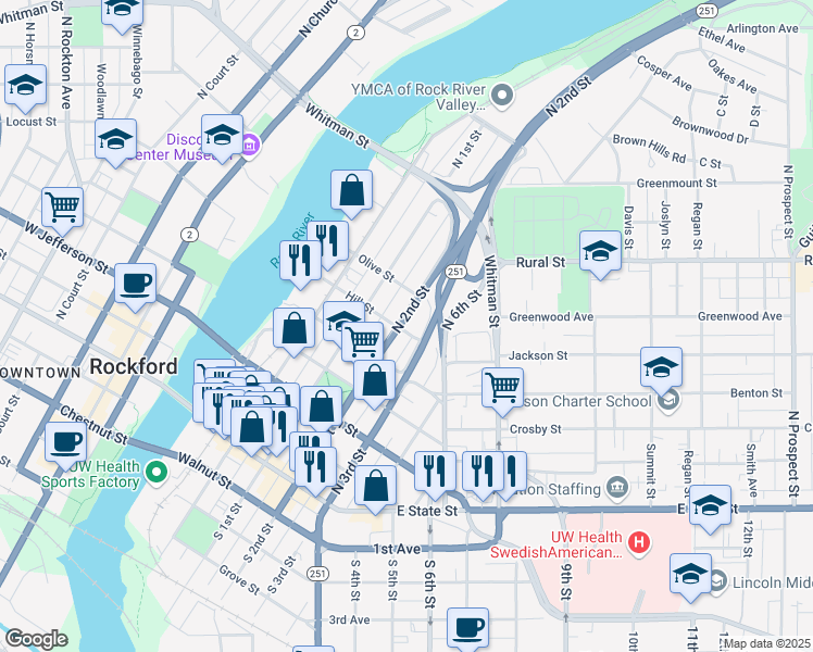 map of restaurants, bars, coffee shops, grocery stores, and more near 618 North 2nd Street in Rockford