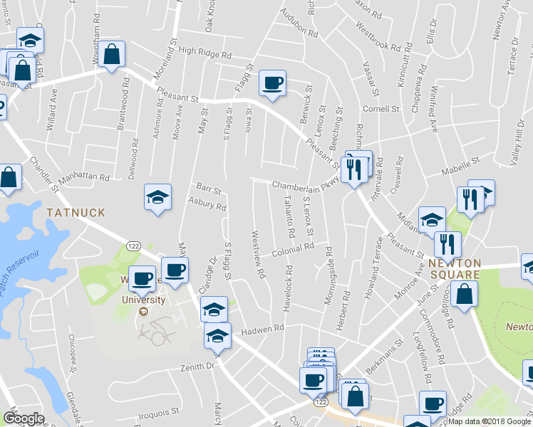 map of restaurants, bars, coffee shops, grocery stores, and more near 10 Maplewood Road in Worcester