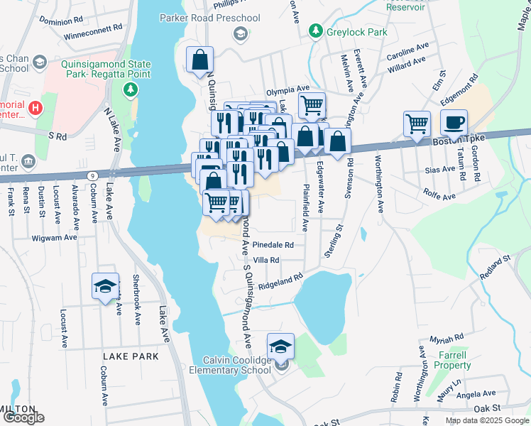 map of restaurants, bars, coffee shops, grocery stores, and more near 37 South Quinsigamond Avenue in Shrewsbury