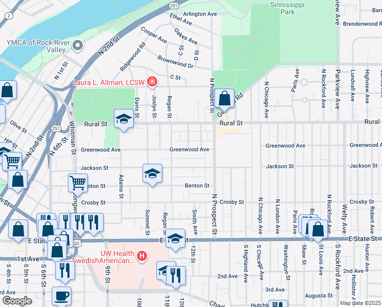map of restaurants, bars, coffee shops, grocery stores, and more near 1607 Greenwood Avenue in Rockford