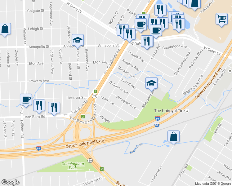 map of restaurants, bars, coffee shops, grocery stores, and more near 17284 Arlington Avenue in Allen Park