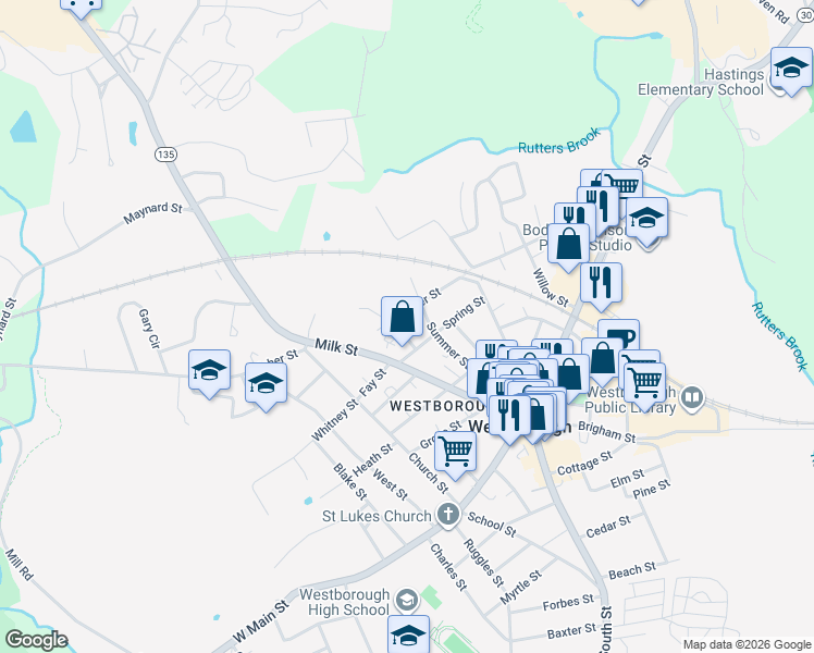 map of restaurants, bars, coffee shops, grocery stores, and more near 62 Water Street in Westborough
