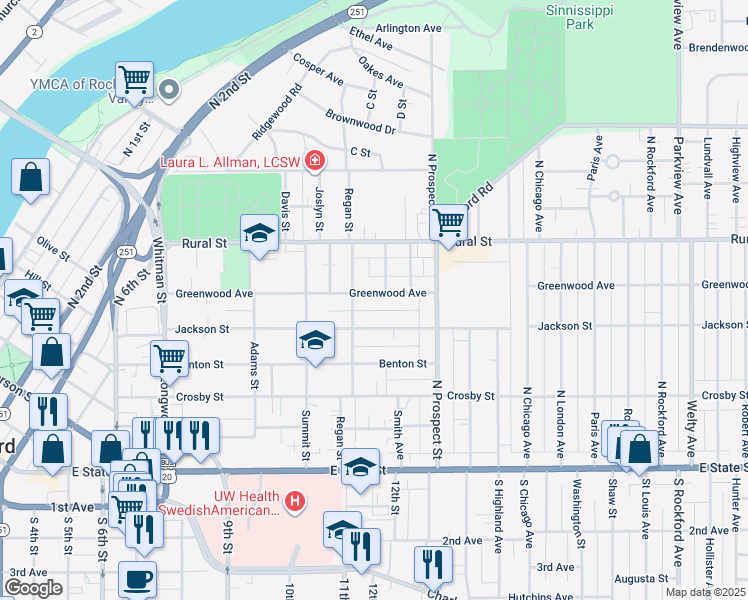 map of restaurants, bars, coffee shops, grocery stores, and more near 1517 Greenwood Avenue in Rockford