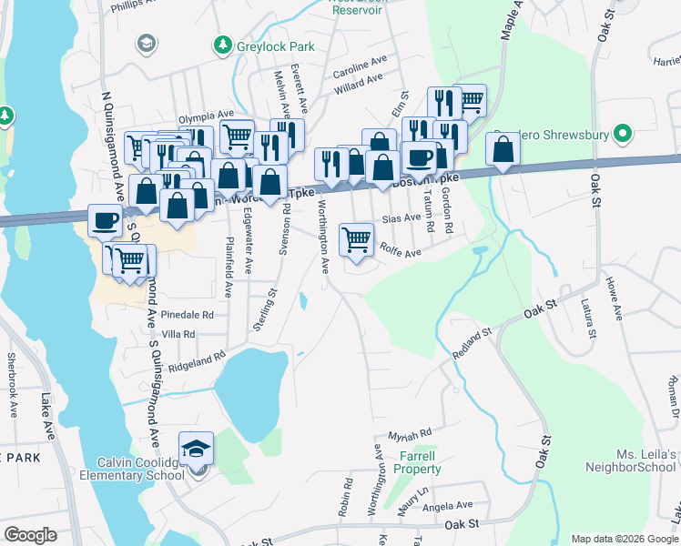 map of restaurants, bars, coffee shops, grocery stores, and more near 16 Fairlawn Circle in Shrewsbury