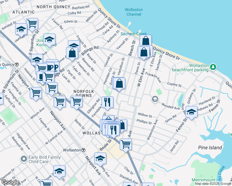 map of restaurants, bars, coffee shops, grocery stores, and more near 8 Hamilton Street in Quincy