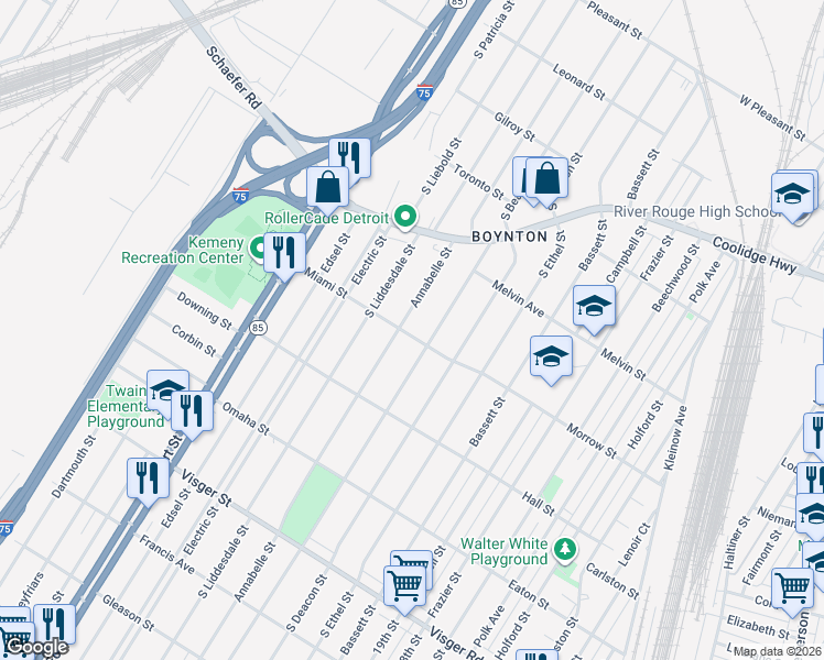 map of restaurants, bars, coffee shops, grocery stores, and more near 1950 Annabelle Street in Detroit
