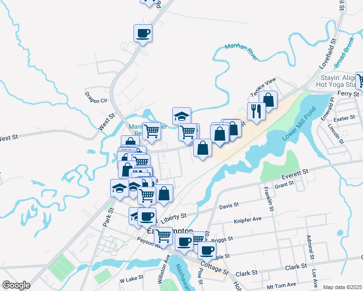 map of restaurants, bars, coffee shops, grocery stores, and more near 45 Pleasant Street in Easthampton