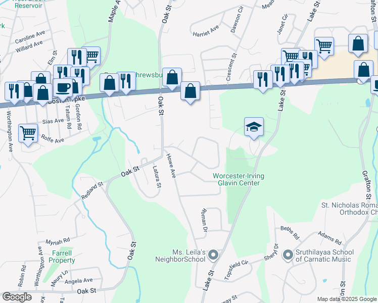 map of restaurants, bars, coffee shops, grocery stores, and more near 68 Beverly Hill Drive in Shrewsbury