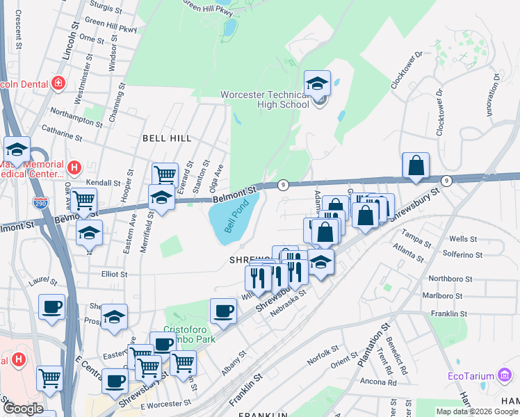 map of restaurants, bars, coffee shops, grocery stores, and more near 240 Belmont Street in Worcester