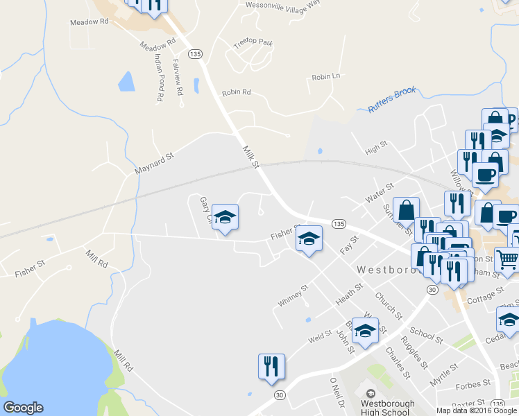 map of restaurants, bars, coffee shops, grocery stores, and more near 18 Juniper Circle in Westborough