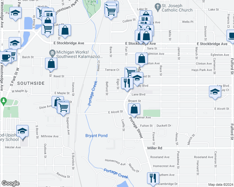 map of restaurants, bars, coffee shops, grocery stores, and more near 1903 Elgin Street in Kalamazoo