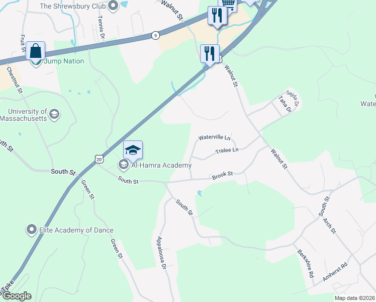 map of restaurants, bars, coffee shops, grocery stores, and more near 15 Waterville Lane in Shrewsbury