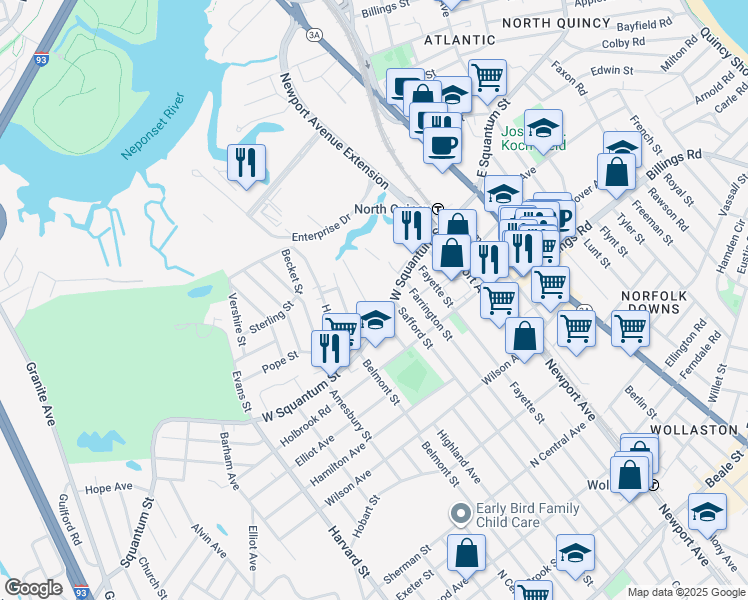 map of restaurants, bars, coffee shops, grocery stores, and more near 115 West Squantum Street in Quincy