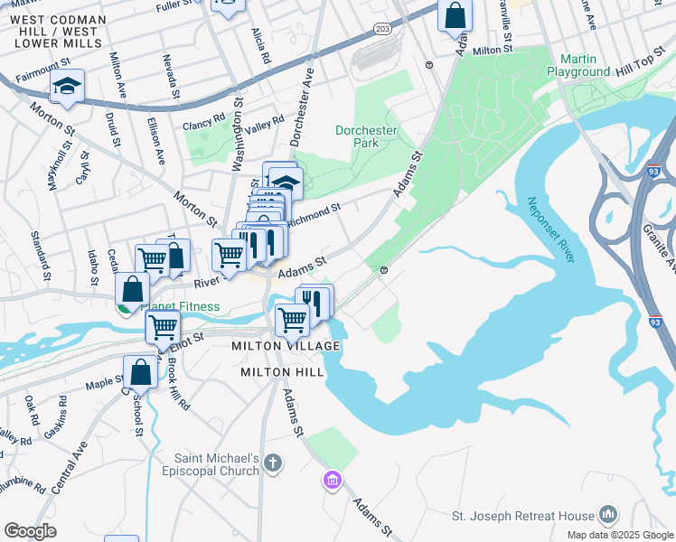 map of restaurants, bars, coffee shops, grocery stores, and more near 1134 Adams Street in Boston