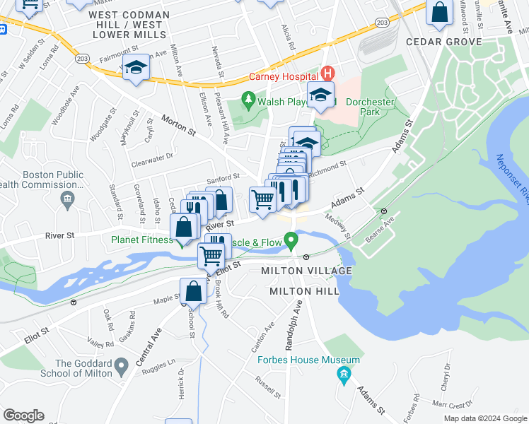 map of restaurants, bars, coffee shops, grocery stores, and more near 1129 Washington Street in Boston