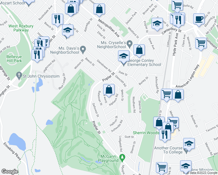 map of restaurants, bars, coffee shops, grocery stores, and more near 526 Poplar Street in Boston