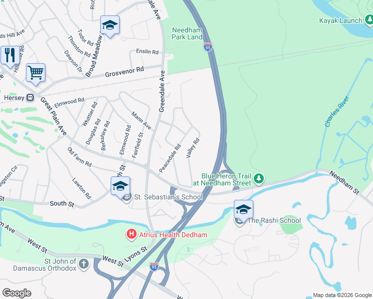 map of restaurants, bars, coffee shops, grocery stores, and more near 20 Peacedale Road in Needham