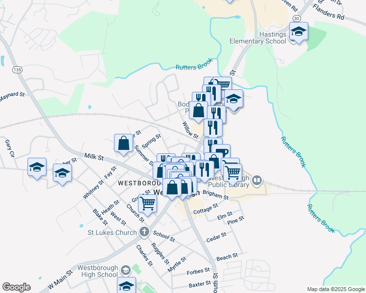 map of restaurants, bars, coffee shops, grocery stores, and more near 13 State Street in Westborough